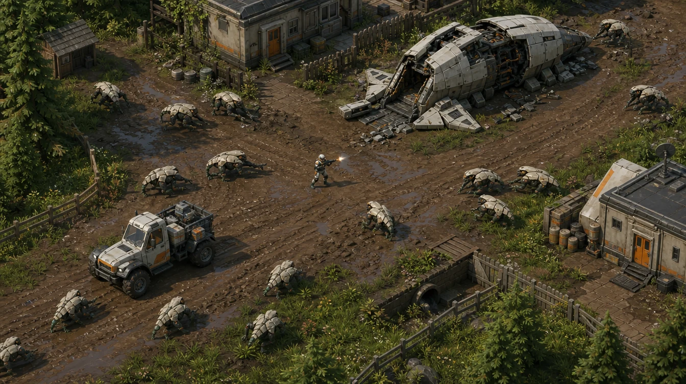 Изометрическая 3D-боевая сцена: агент у места крушения сдерживает рой сегментированных инопланетных организмов